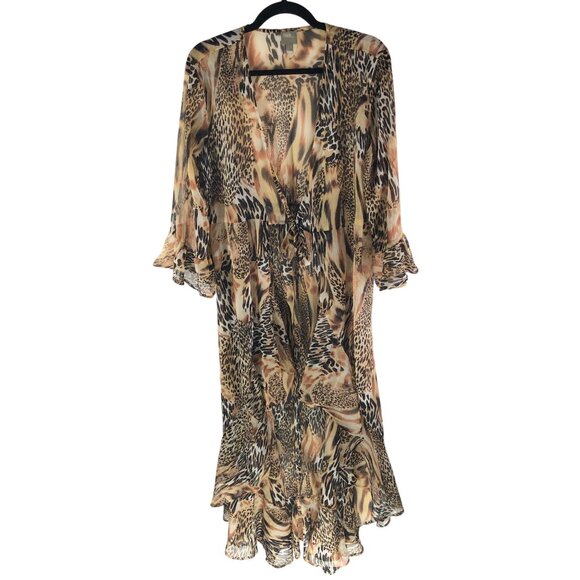 Asos Womens Duster Cardigan Sheer Tie Front Ruffle Leopard Print Brown 10 - Picture 1 of 6